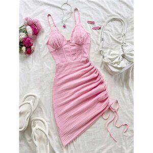 Soleia Resort Women's Pink Knitted V-Neck Fishtail Ruched Asymmetric Hem Mini